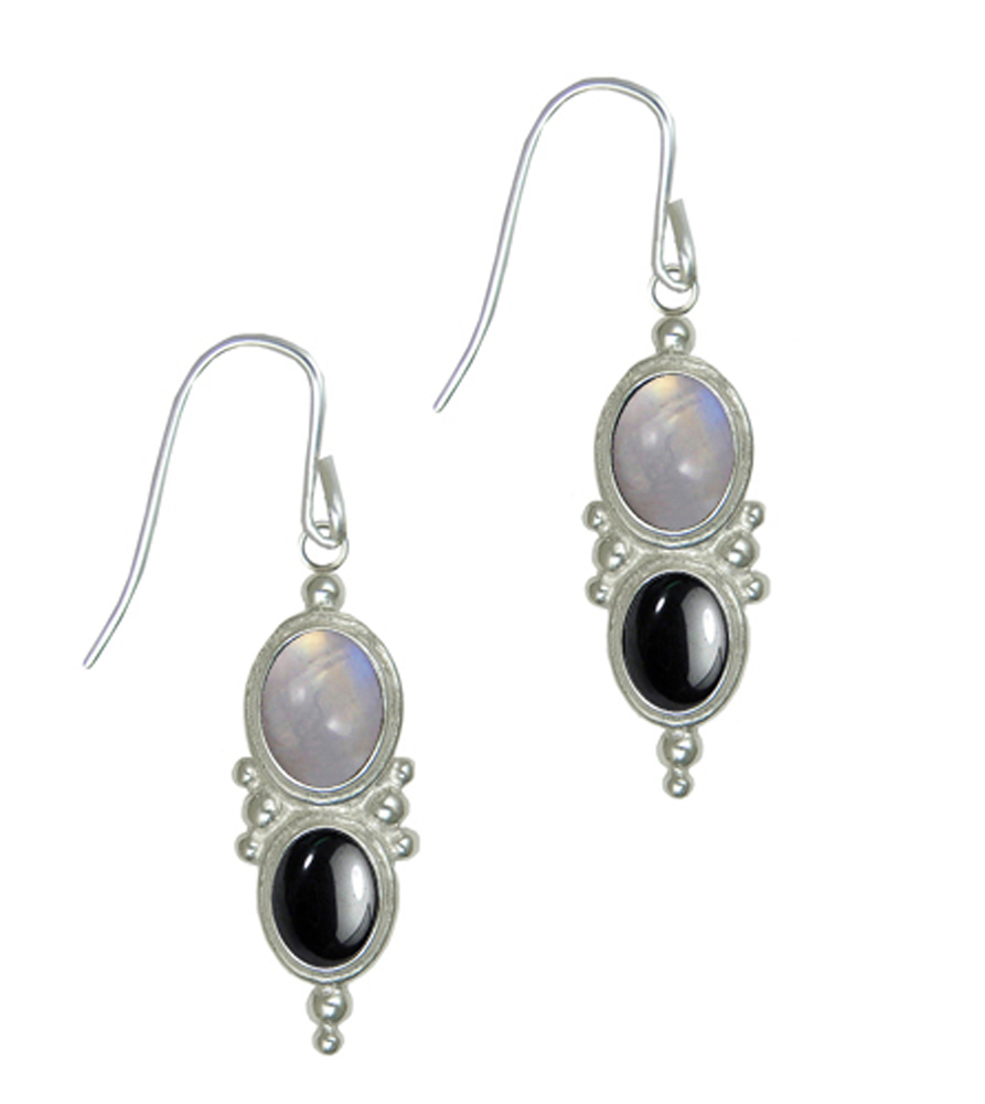 Sterling Silver Drop Dangle Earrings With Rainbow Moonstone And Hematite